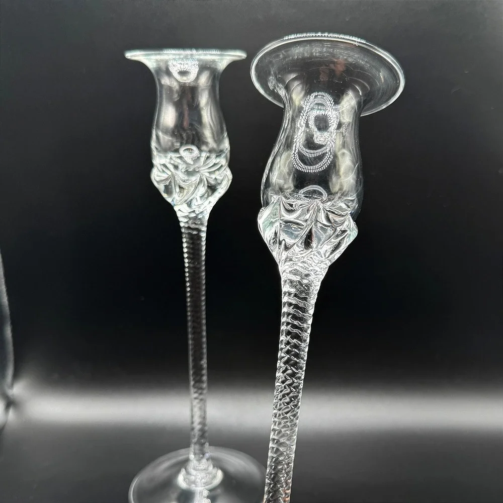 Art Glass Pair Candlesticks Vtg. Optic Twist Stem Floral Tulip Cottage Regency‎